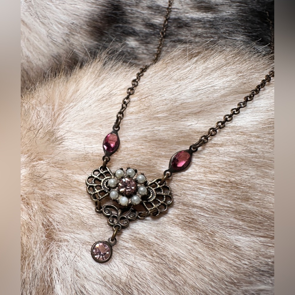 Kenny Ma San Francisco Rose Crystal & Pearl Antique Bronze Chain Necklace